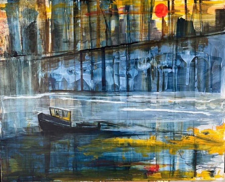 River traffic ink, mixed media, Jeanne Mundy